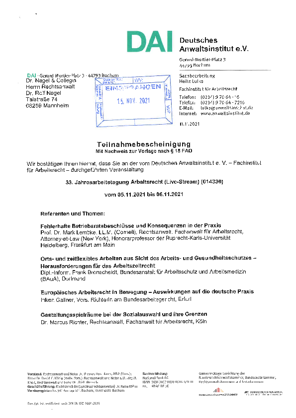 33. Jahresarbeitstagung Arbeitsrecht